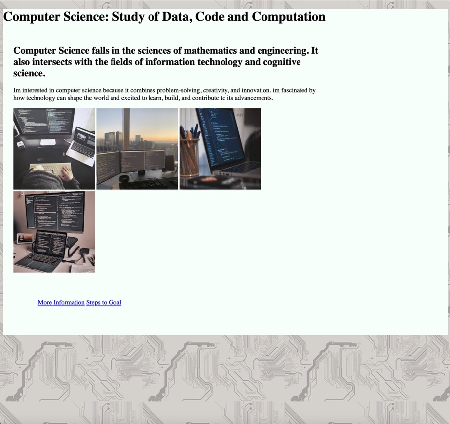 The home page of the website, explaining all about the college degree Computer Science