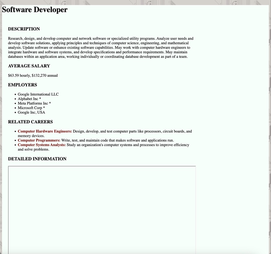 This is the more information page, explaining all about the job software developer